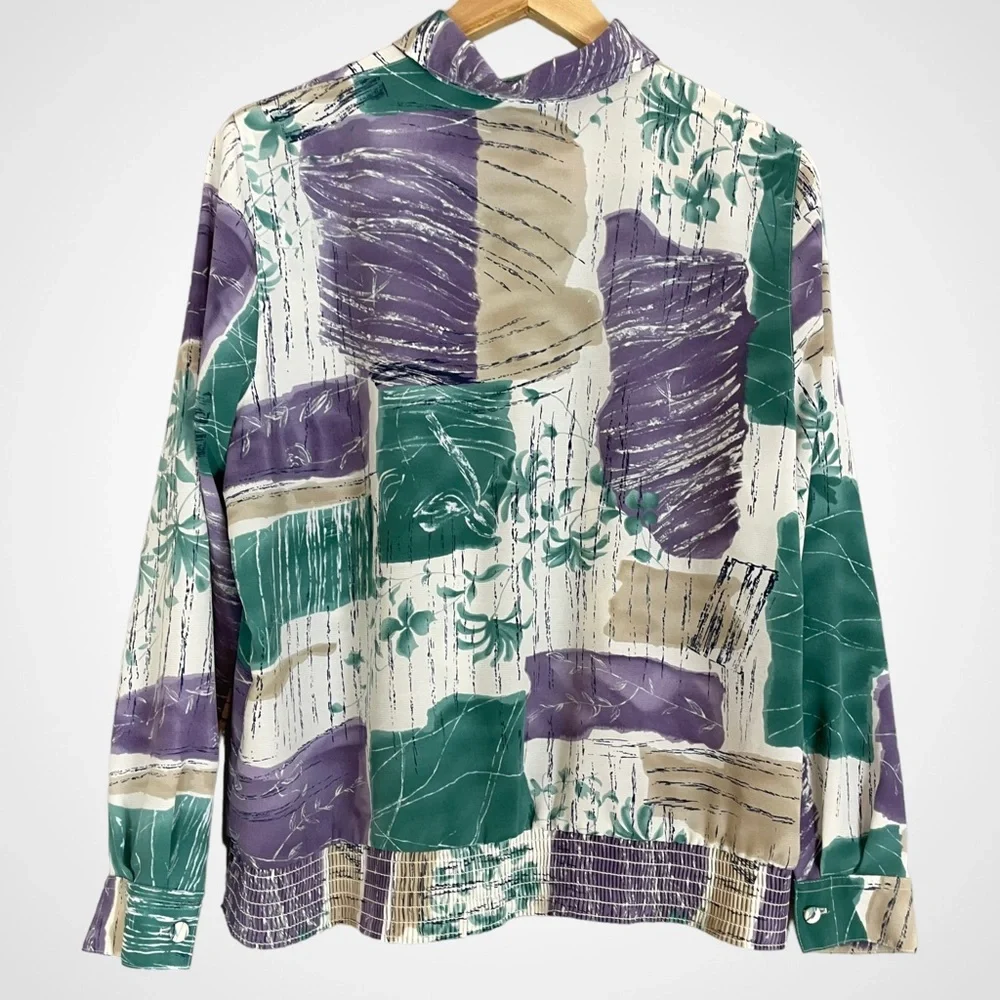 Vintage Blouse Women Abstract Tropical Polo Long Sleeve‎ Collar Shirred Smocked